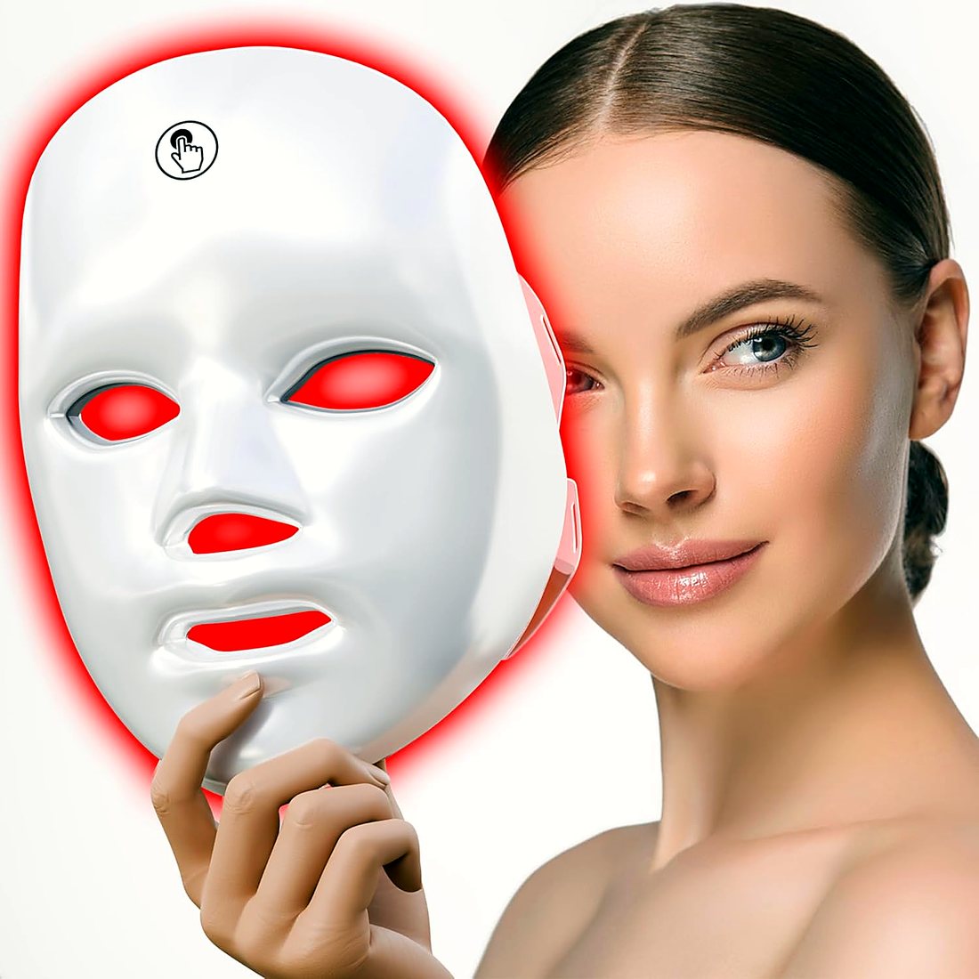 White LED face mask glowing red next to a woman with smooth skin