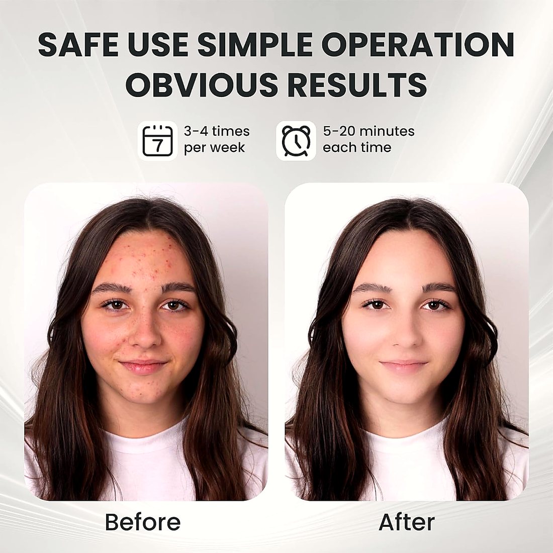 Before and after photos of a woman's skin with usage guide