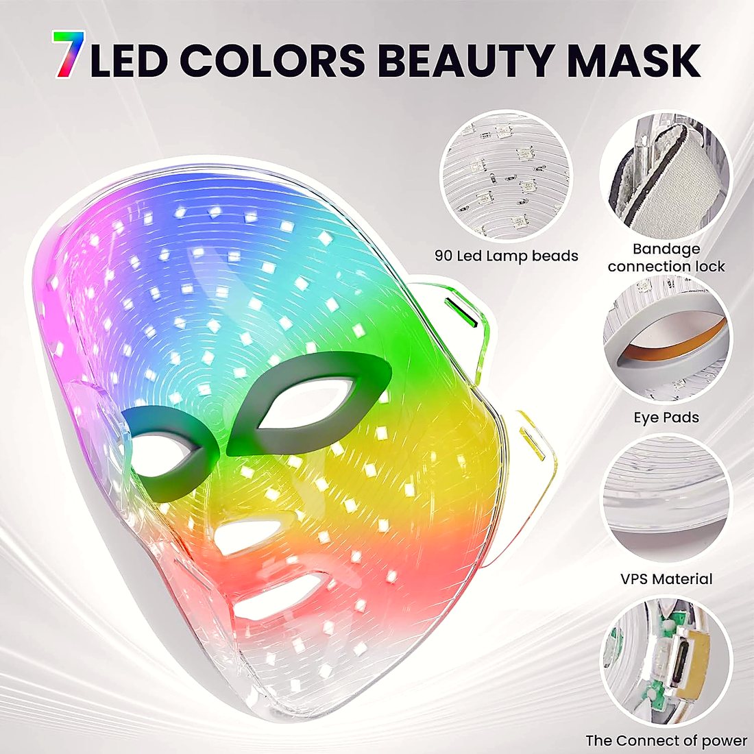 Mask components: LED beads, strap lock, eye pads and VPS material
